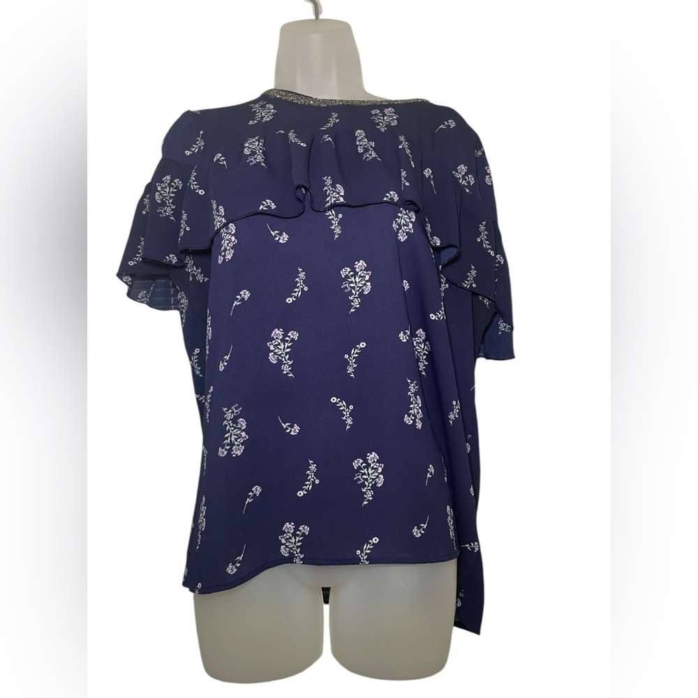 Juicy Couture Navy Floral Rhinestone Blouse Size XL
